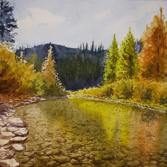 Original watercolor painting Forest Creek 140lb cotton paper cold press, matted - Picture 4 of 4